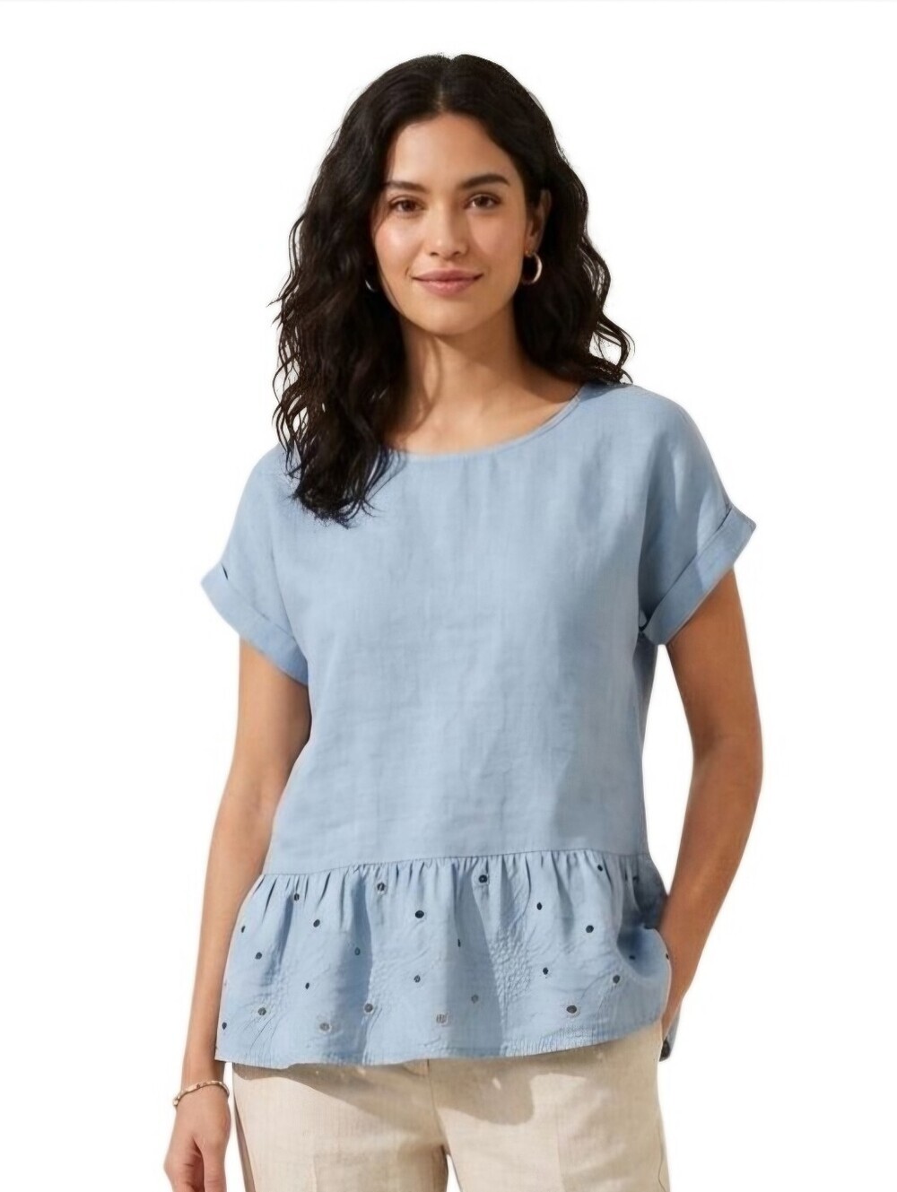 Terzo Millennio Baby Blue 100% Linen Lagonlook Eyelet Lace Top Size M